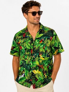 Key West Hand Print Hawaiian Aloha Shirt Men's L Button Up Tropical Birds Casual